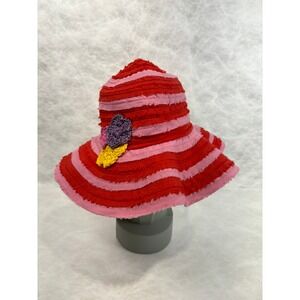 Red and Pink Striped Fringed Bucket Hat with Crochet Flowers Women S/M